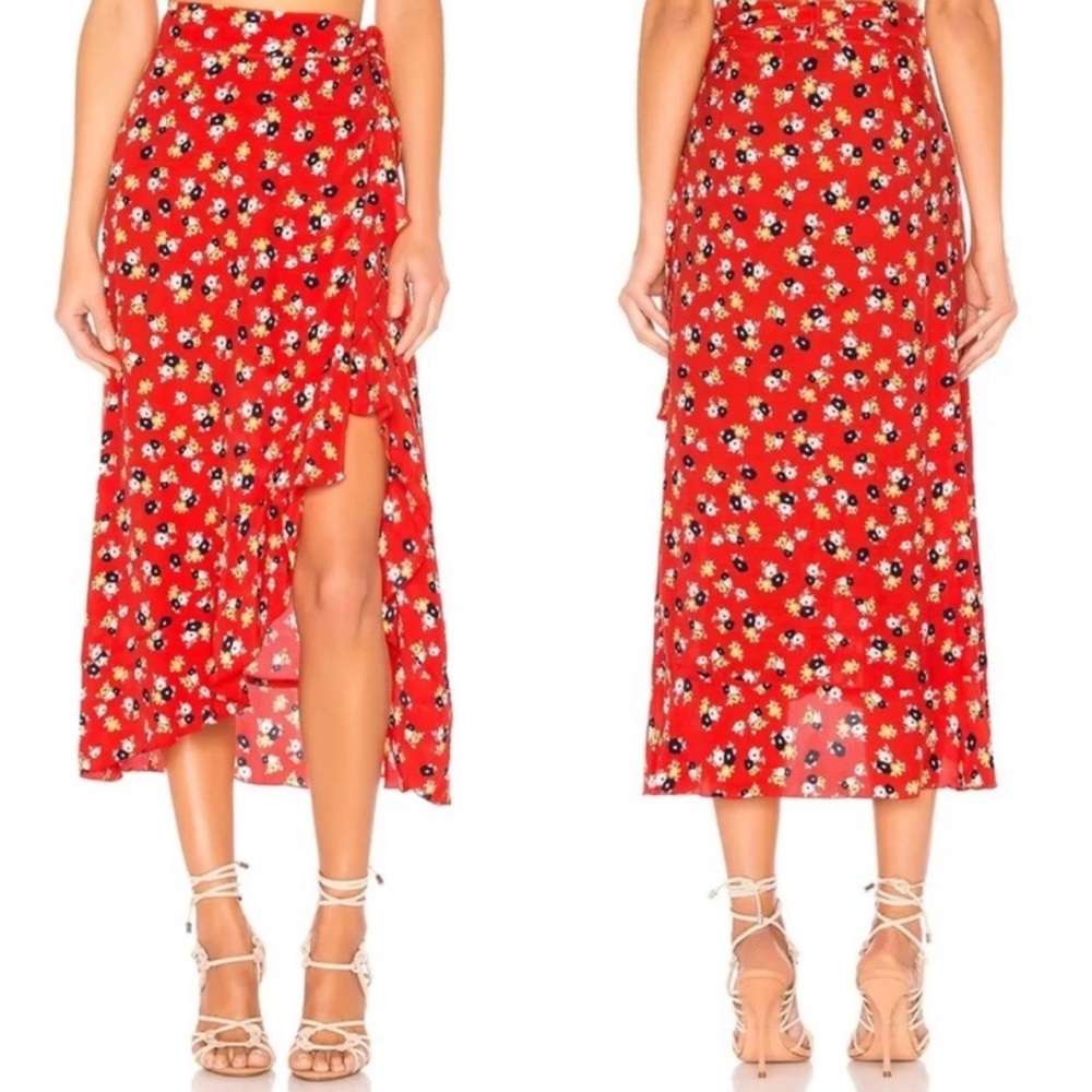 Faithfull The Brand‎  Celeste Wrap Midi Ruffle Skirt in Red Jasmine Floral Rayon